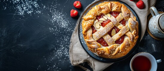 Festive rhubarb and strawberry jam pie bun with almond slices, on a simple neutral napkin, next to an empty cup. - obrazy, fototapety, plakaty