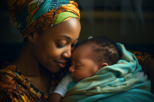 Photo of loving mum caring and holding sleeping infant newborn baby on hands generative ai