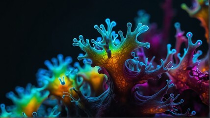 Futuristic dark colorful neon theme glowing background biological living micro organisms cells from Generative AI