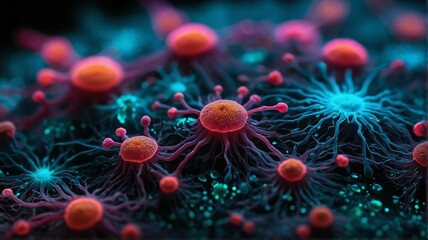 Futuristic dark colorful neon theme glowing background biological living micro organisms cells from Generative AI