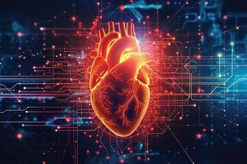 A vibrant depiction of a human heart outlined by intricate lines and filled with a multitude of dots in various colors, AI-powered early warning system for cardiac arrest, AI Generated - obrazy, fototapety, plakaty