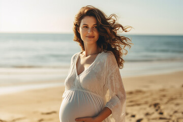 Fototapeta na wymiar Portrait of gorgeous lovely happy pregnant girl walking seacoast sunny day outdoors generative AI