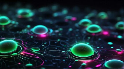 Futuristic dark green neon theme glowing abstract background with germs and micro organisms cells from Generative AI