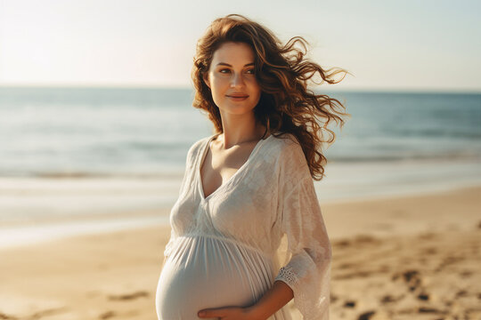 Portrait of gorgeous lovely happy pregnant girl walking seacoast sunny day outdoors generative AI
