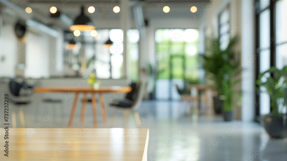 Poster empty beautiful wood table top counter and blur bokeh modern cafe interior backgroumnd. wood table b