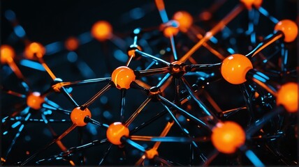Futuristic dark orange neon theme glowing abstract molecule model concept of scientific research from Generative AI