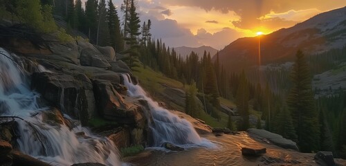 As the sun gracefully dips below the mountain peaks, a majestic waterfall cascades down rocky cliffs