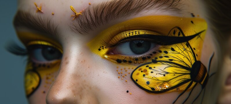 closeup woman face wearing make up painted in honey bee on her eyelid, Generative Ai