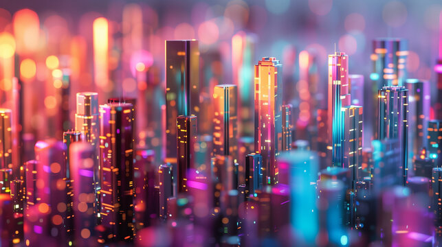 Futuristic city, skyscraper, with wavelengths, abstract color lines, night scene, bright ambience, intricate lights, smart city concept. Digital illustration, mixed media.