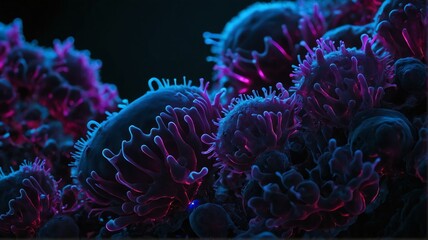 Futuristic dark purple neon theme glowing background biological living micro organisms cells from Generative AI