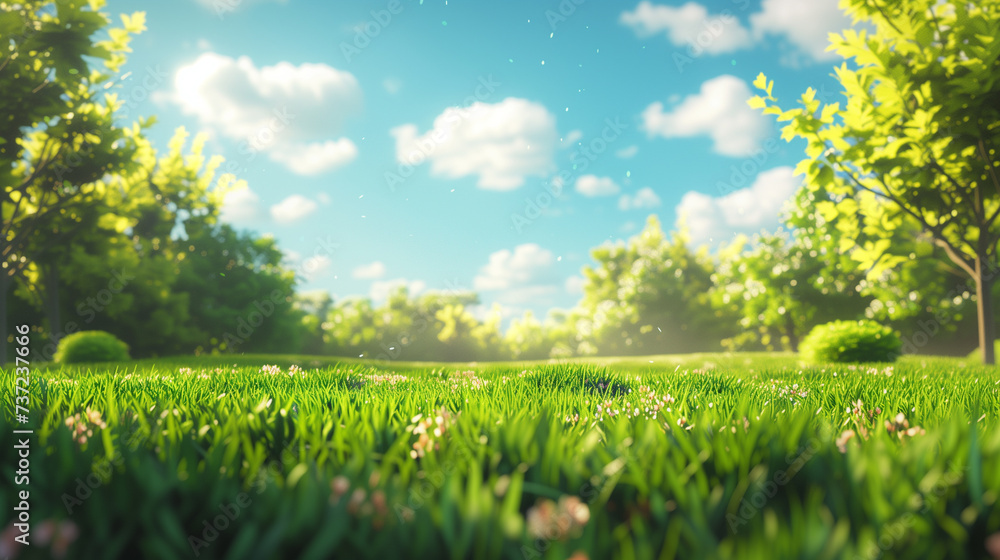 Poster beautiful blurred background image of spring nature with a neatly trimmed lawn surrounded by trees a