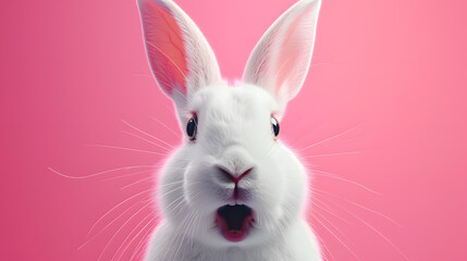 Close-Up of a Curious Rabbit: Expressive Eyes and Detailed Fur Against a Vibrant Pink Background