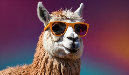Obraz premium Funny llama wearing sunglasses in studio with a colorful and bright background. Generative AI
