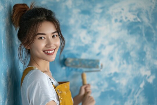 A smiling woman painting the wall of her house with a roller brush. Asian woman changing the wall color of her house to blue home interior