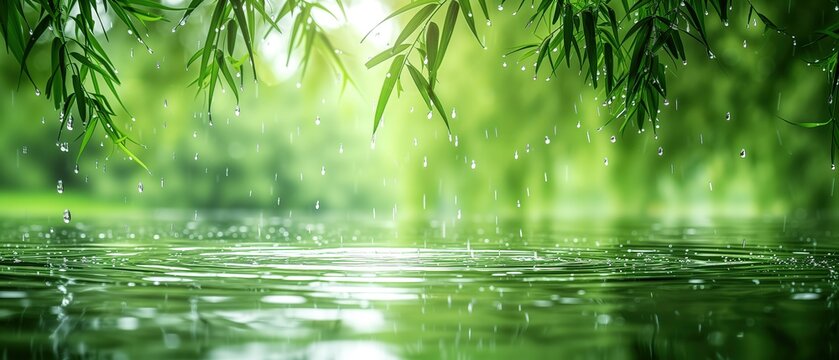 peaceful green nature landscape, view from under willow tree shade at riverside with sunlight, Generative Ai