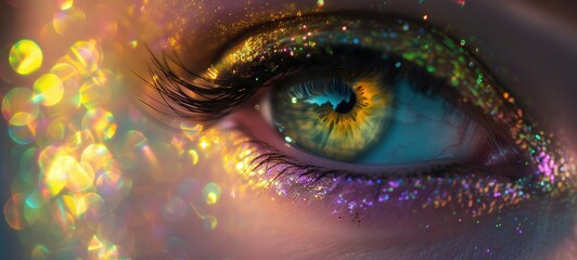 closeup woman eye wearing iridescent gradient glow metallic colorful make up , Generative Ai