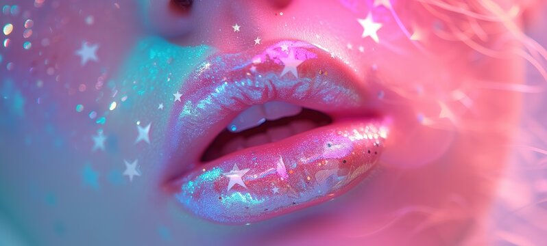 closeup macro woman lip wearing mystic lipstick paint with glitter glow and pink angelic tone color, sexy glamour fantasy make up art, Generative Ai