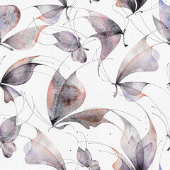 Watercolor butterfly seamless pattern. Abstract ethereal print with blue purple butterflies, black lines on white background. Hand drawn illustration. 