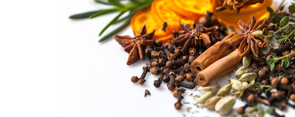 Assorted spices on white background. Delicious food ingredients, cooking concept