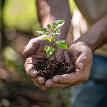 Hands Gently Holding a Sapling with Soil Clinging to the Roots ready be Planted symbolizes Human Care for Environment Stewardship and Personal Connection to Earth created with Generative AI Technology