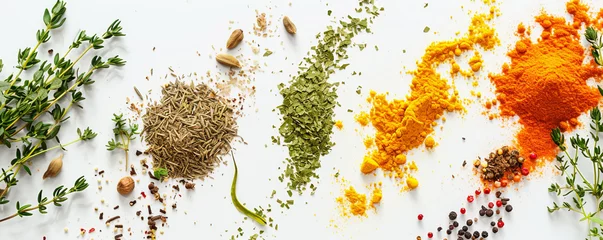 Poster Assorted spices on white background. Delicious food ingredients, cooking concept © © Raymond Orton