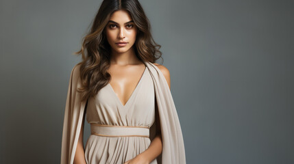 Elegant Beige Gown Fashion Portrait of a Confident Young Woman, Open Empty Text Copy Space Used for a Poster, Announcement, Invitation, or Sign
