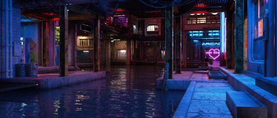 River flowing under a fantasy future cyberpunk city centre at night. Wide cinematic 3D illustration. © IG Digital Arts