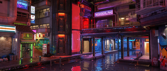 Wide panoramic 3D illustration of an urban area in a futuristic cyberpunk city with river flowing under the buildings.