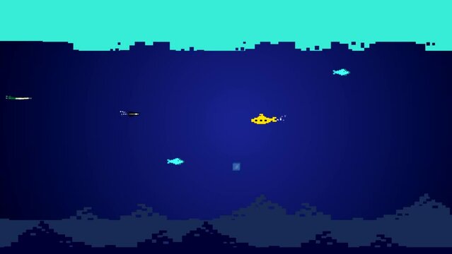 Old game animation in 8-bit style of a submarine shooting missiles and catching swimmers at the bottom of the sea, pixel art, retro.