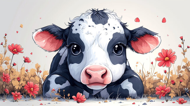 Watercolor Cow head Animal Portrait Hand Painted Illustration.Isolated on a white background.