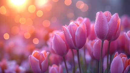 A field of pink tulips with the sun in the background - obrazy, fototapety, plakaty
