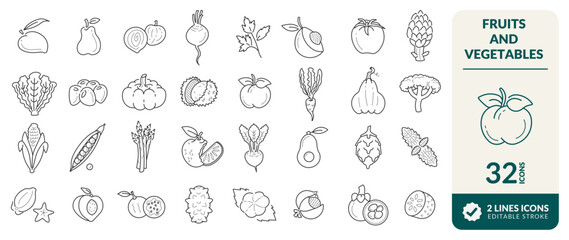 Naklejka premium LINE EDITABLE ICONS SET. ELEMENTS FOR ILLUSTRATING THEMES OF VARIOUS FRUITS AND VEGETABLES, MANGOSTEEN, LYCHEE, PITAYA, AVOCADO, ORANGE, TOMATO, PARSLEY, ONION, PEAR AND OTHERS. PIXEL PERFECT. 