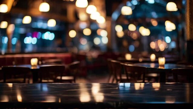 lights in the night, cafe with bokeh lights background, an empty dark black marble table and blurred background of hall of stage bar created with generative ai