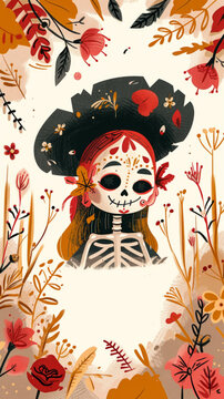 A girl with a skeleton in a hat in a field of flowers