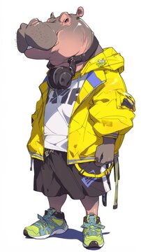 A hippoy wearing headphones and a yellow jacket