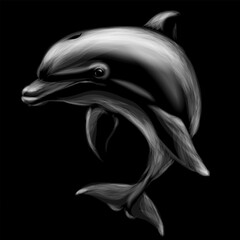 Monochrome, graphic image of a dolphin on a black background. 