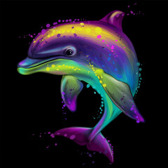 Abstract, multicolored, graphic image of a dolphin on a black background. 