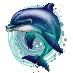 A color, graphic image of a dolphin on a white background. 