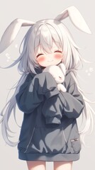 A girl with long white hair and bunny ears