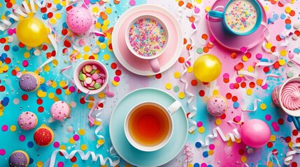A cup of tea sits on a table surrounded by confetti