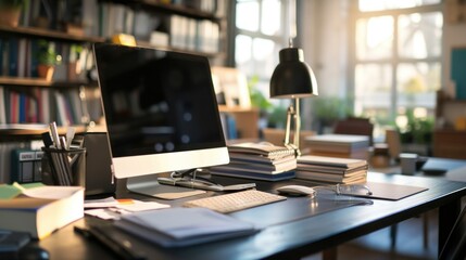 Blank computer desktop with keyboard, diary and other accessories on white table in sunny room, mock up