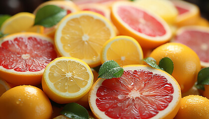 Fresh citrus fruits on a wooden table, vibrant and juicy generated by AI