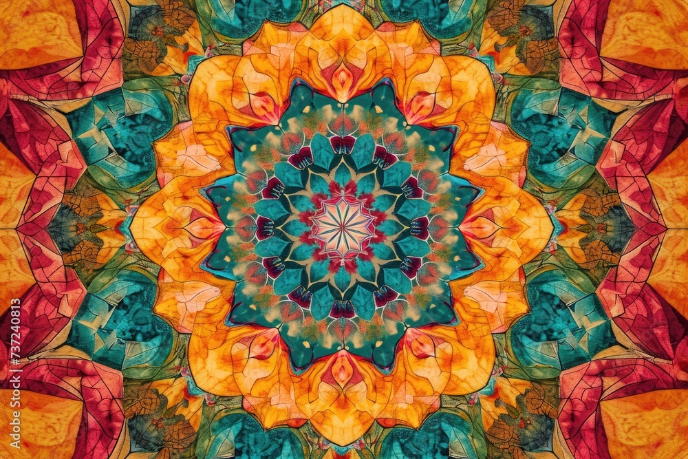 Poster a colorful circular design with many different colors, an abstract kaleidoscope pattern filling the 