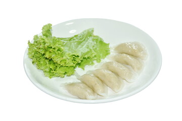 khanom Pang Sib Thai snack made from steamed flour stuffing mashed fish eating with fresh lettuce on plate - obrazy, fototapety, plakaty
