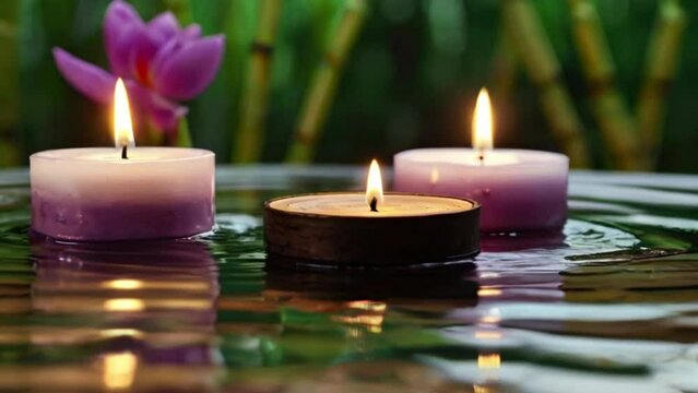 Aromatic candles over water with flowers and bamboo. Spa and relaxation concept created with generative ai