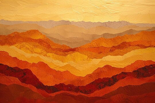 This photo captures a painting of a mountain range showcasing vivid orange and yellow colors, An abstract representation of a desert, using warm, earthy tones, AI Generated