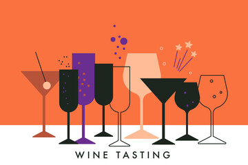 Set of vector flat glasses of wine. Cocktail, alcohol beverage, martini, champagne and sparkler. Abstract illustration for bar, cafe, restaurant menu design, event, party. Wine tasting concept © Mariia