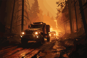 A 3d digital rendering of a forest fire in a rural wooded area..