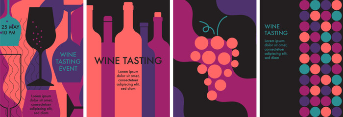 A set of minimal posters with wine bottles, glasses of wine, grapes. Wine tasting concept. Abstract flat vector illustration. Perfect for menu, cover design, promotion. Festive drink, wine party.