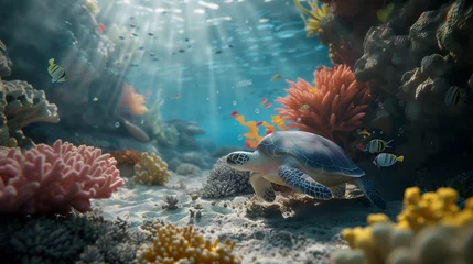 Zelfklevend Fotobehang Serene Underwater Scene with Hawksbill Turtle in a Vibrant Coral Reef, coral reef and fish © Viktorikus